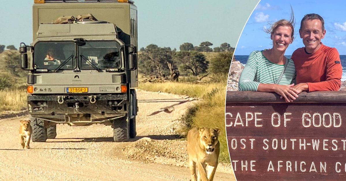 Marco en Lisette uit Agelo rijden met hun truck tussen de leeuwen en olifanten in Afrika