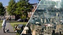 Links de herdenking van deze woensdag, rechts Enschede in as in 2000.