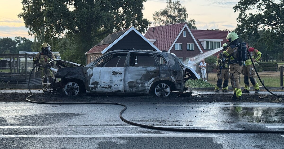 Auto brandt volledig uit in Holten, twee volwassenen en jong kind op tijd uit voertuig