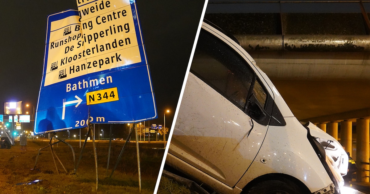 Man rijdt verkeersbord aan gort in Deventer en crasht onderaan talud