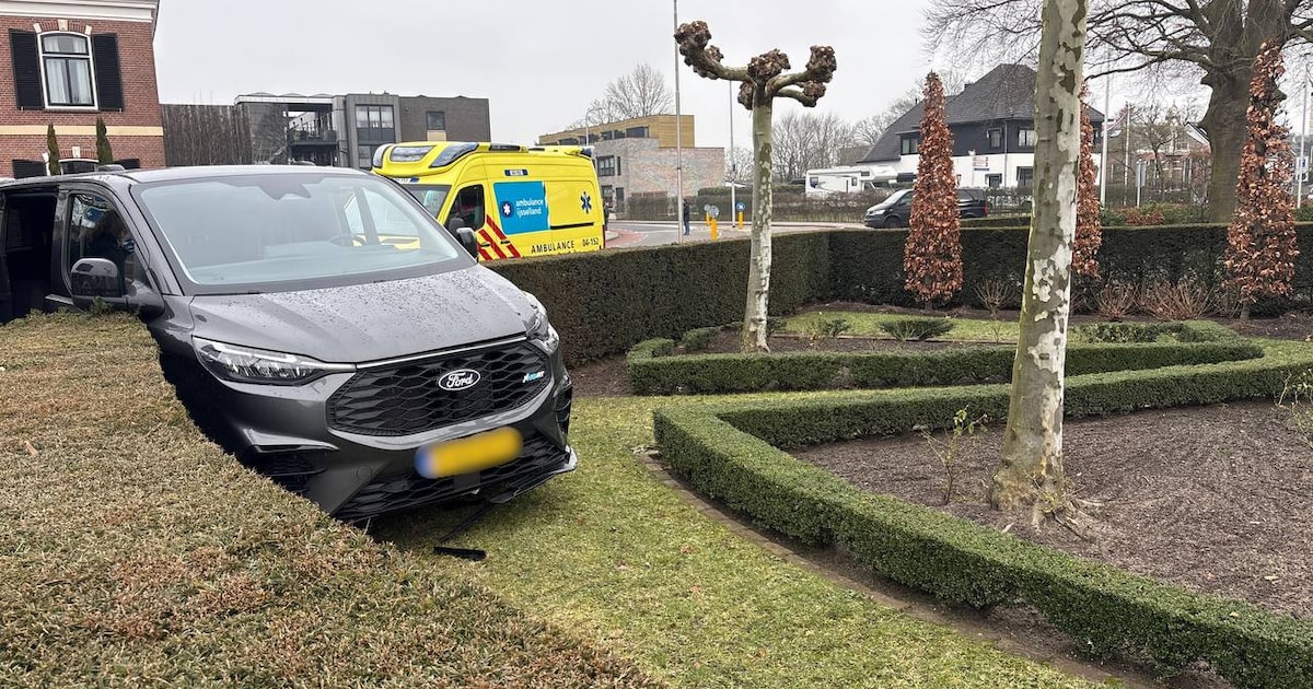 Busje rijdt na botsing door heg en eindigt in een tuin in Hardenberg