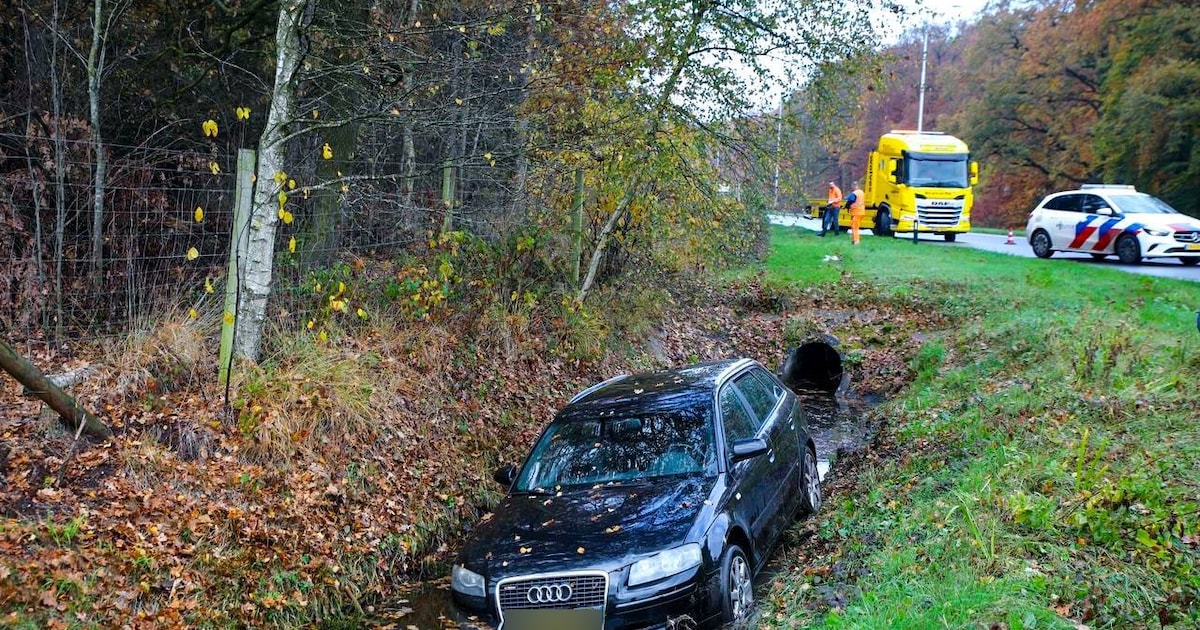 Auto belandt in sloot langs Zutphensestraat in Apeldoorn: inzittenden ongedeerd