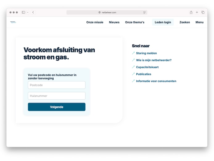 Een pagina van de nepsite.
