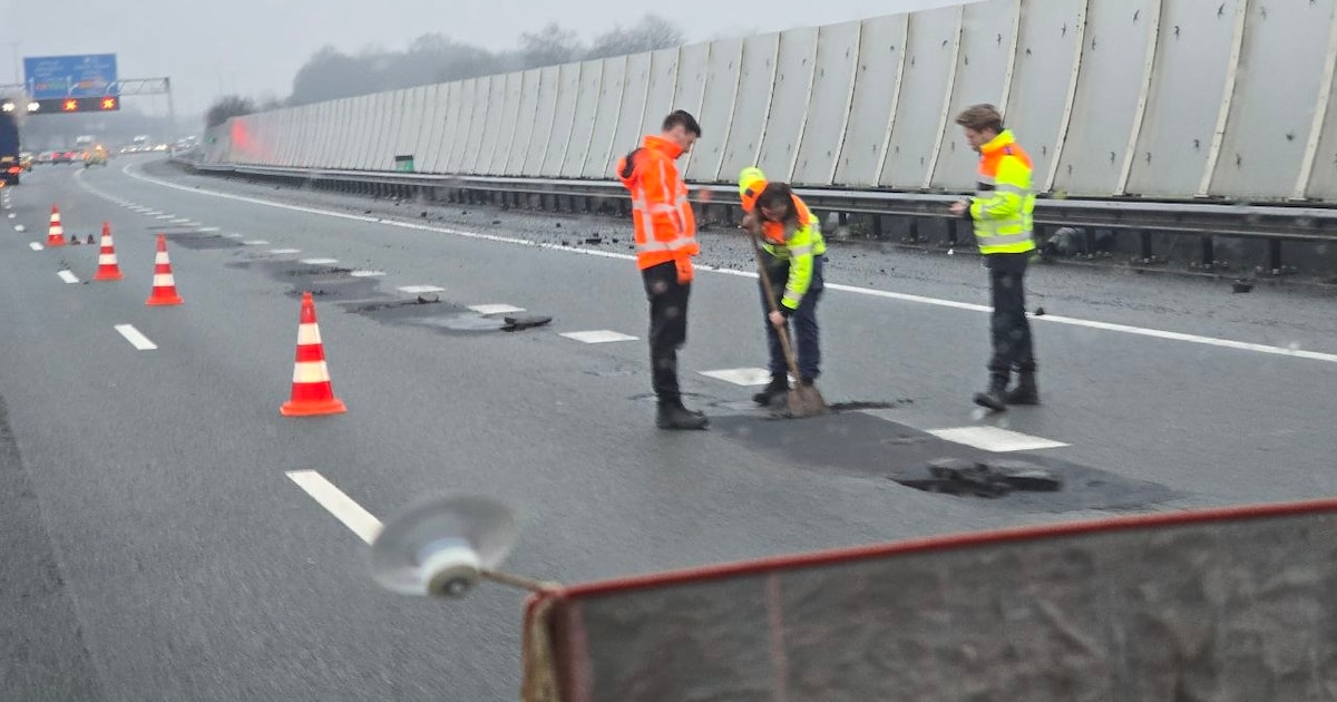 Wegdek A28 bij Zwolle zwaar beschadigd, twee rijstroken afgesloten en lange file
